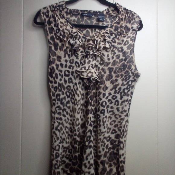 New York & Company Blouse 14 Sleeveless Sheer Animal Print Brown Tan - Picture 1 of 15